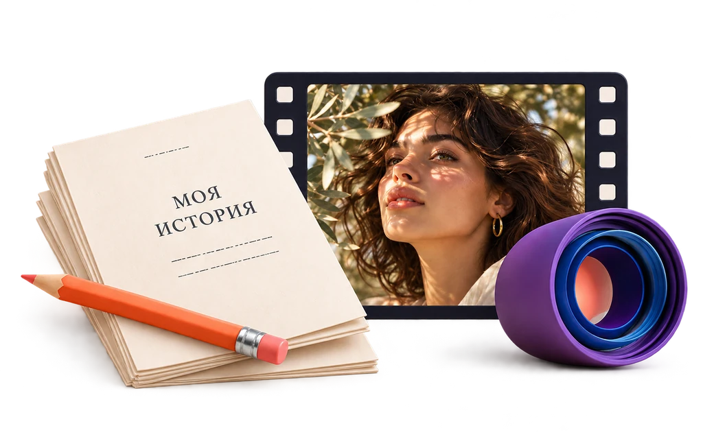 A script, a coral pencil, and a portrait of a heroine on filmstrip next to a purple lens