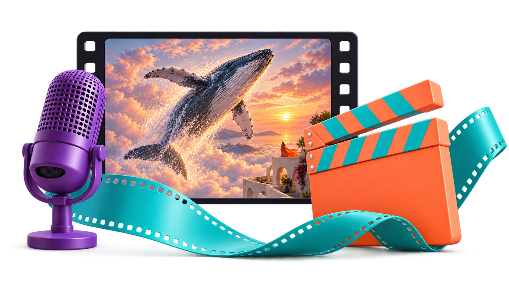 A whale in sunset clouds, a purple microphone, a coral clapperboard, and turquoise filmstrip