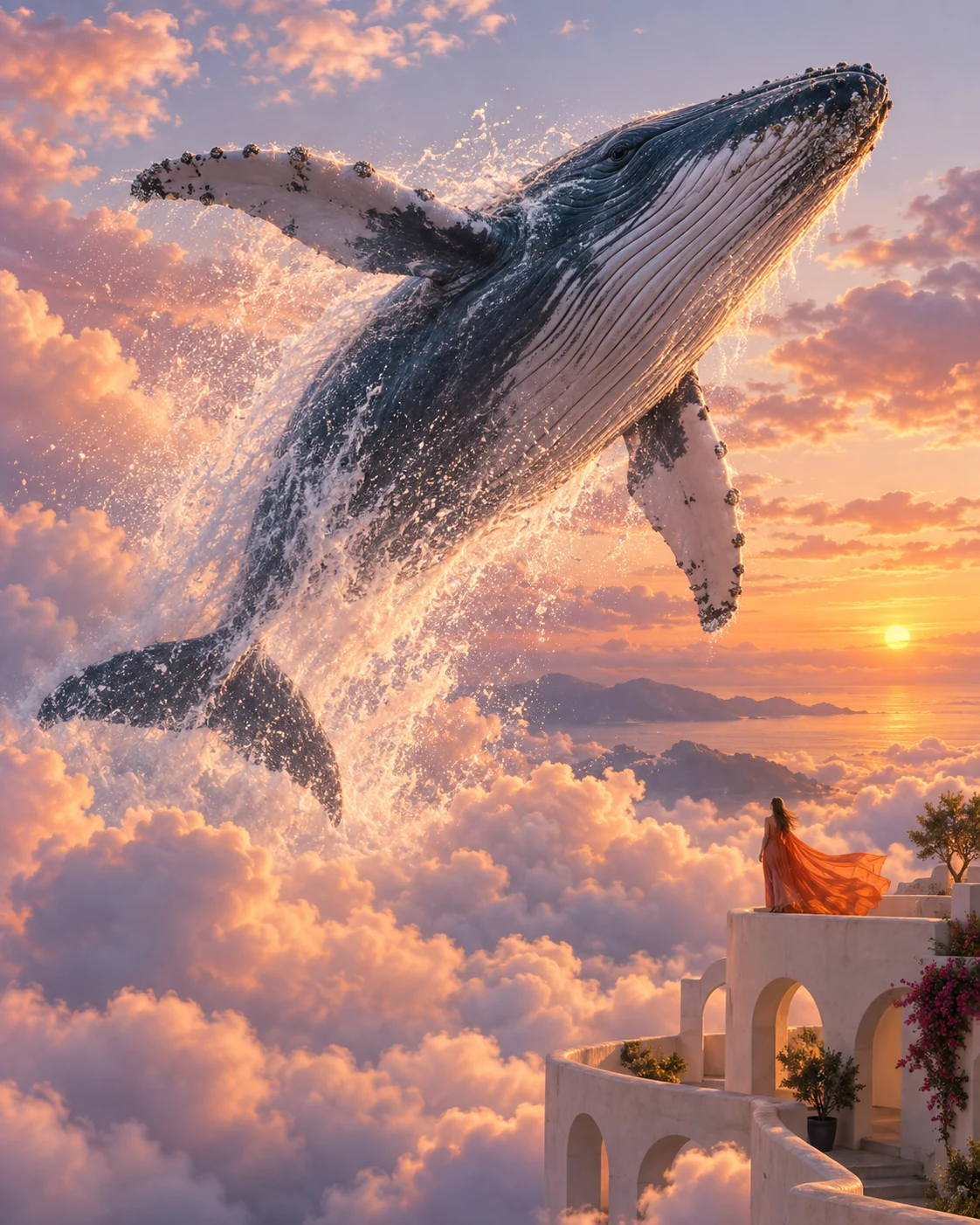 Cinematic scene with a whale in the clouds